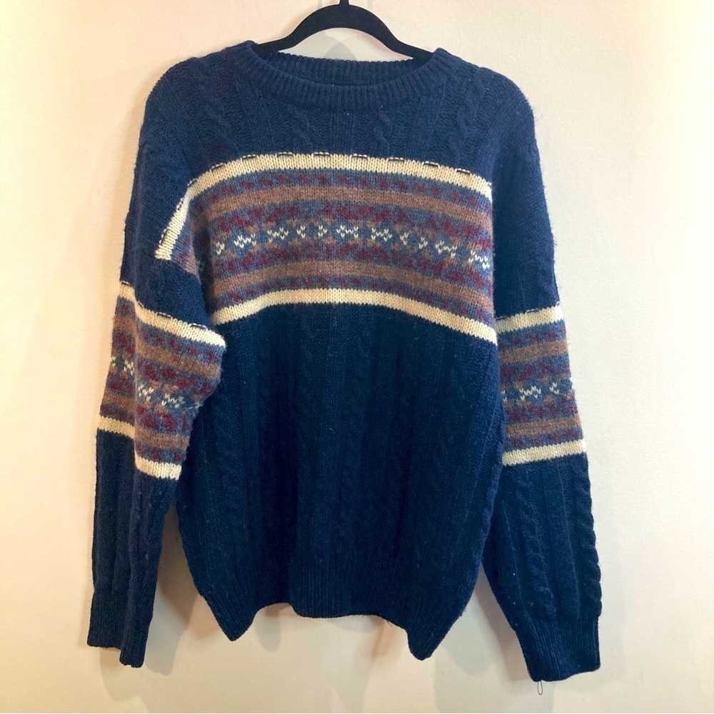 TT & CO SPORT Sz S Oversized 100% Wool Nordic Cable Fisherman Vibe Sweater